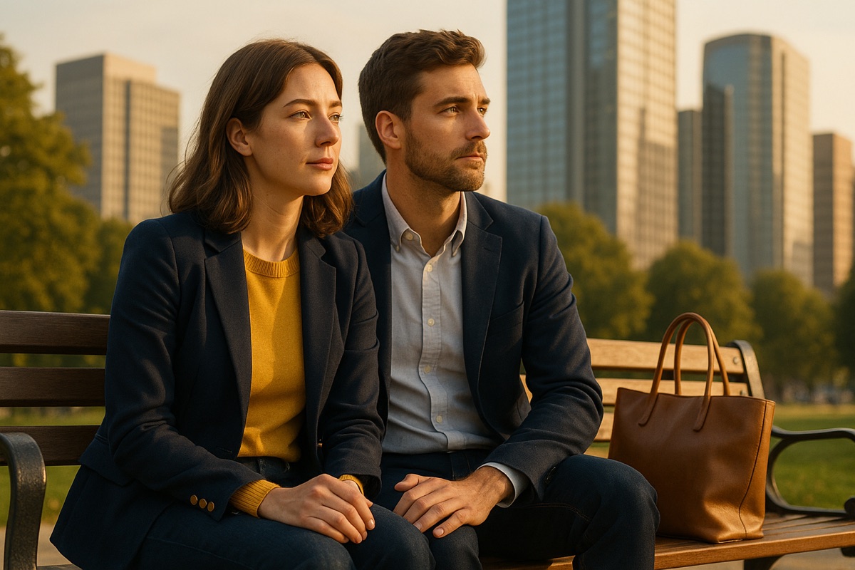 A man and a woman in their thirties on a park bench, office towers behind them, each looking away in a different direction